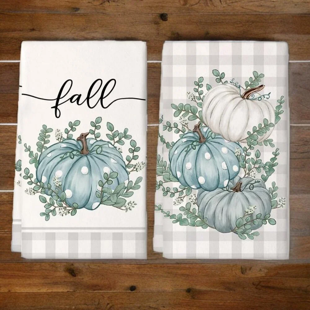 Fall Kitchen Towels Pumpkin Autumn Holiday Thanksgiving Farmhouse Cottage Decor